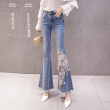 Большие размеры женские джинсы клёш брюки с кисточками жемчуг 3D цветок вышивка узкие джинсы женские эластичные брюки Высокая талия джинсы для мам