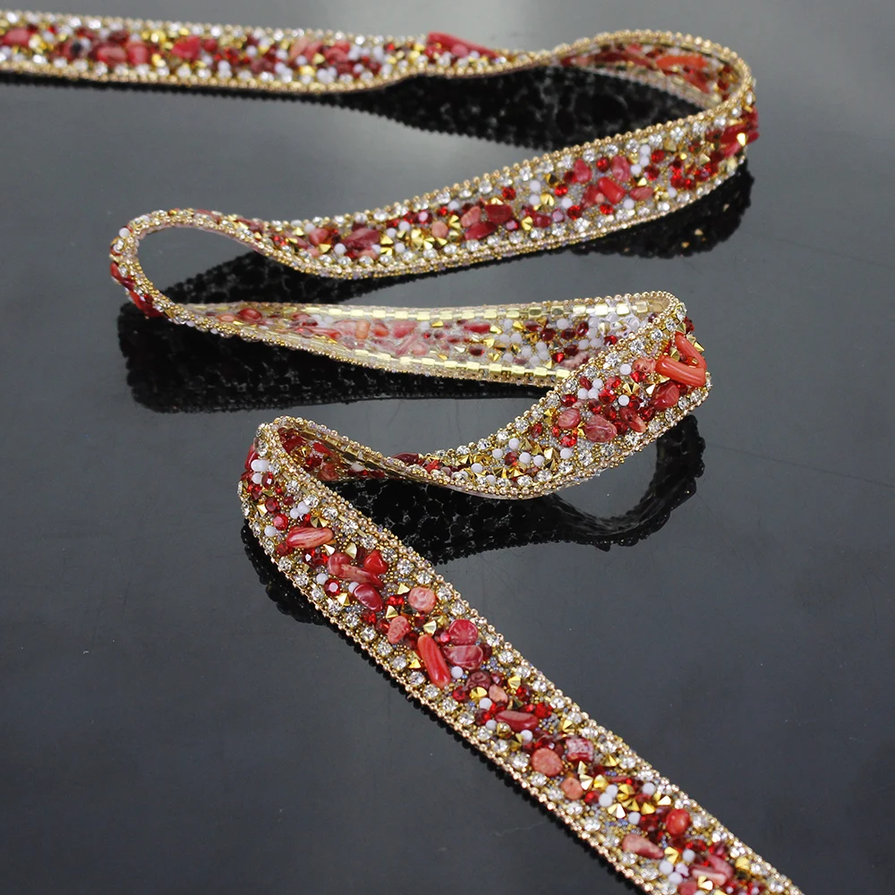 2yards Red Gold Hot fix Rhinestones Trim Chain Crystal Iron on Applique Trimming Stickers for Collars Shoes Edging