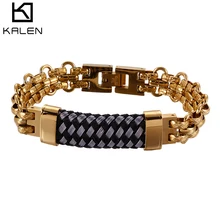 KALEN 21 см из нержавеющей стали Дубаи Золотая цепочка браслет для мужчин сетка очарование натуральной кожи обёрточная Бумага браслет ювелирные изделия