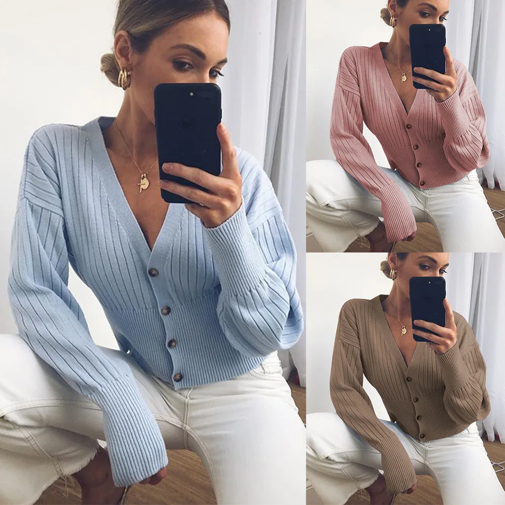 

V Neck Sweater Winter Cardigan Women 2019 Crop Cardigan Femme Ladies Pink Blue Khaki Truien Dames Jumper Vesten Knitwear Coat