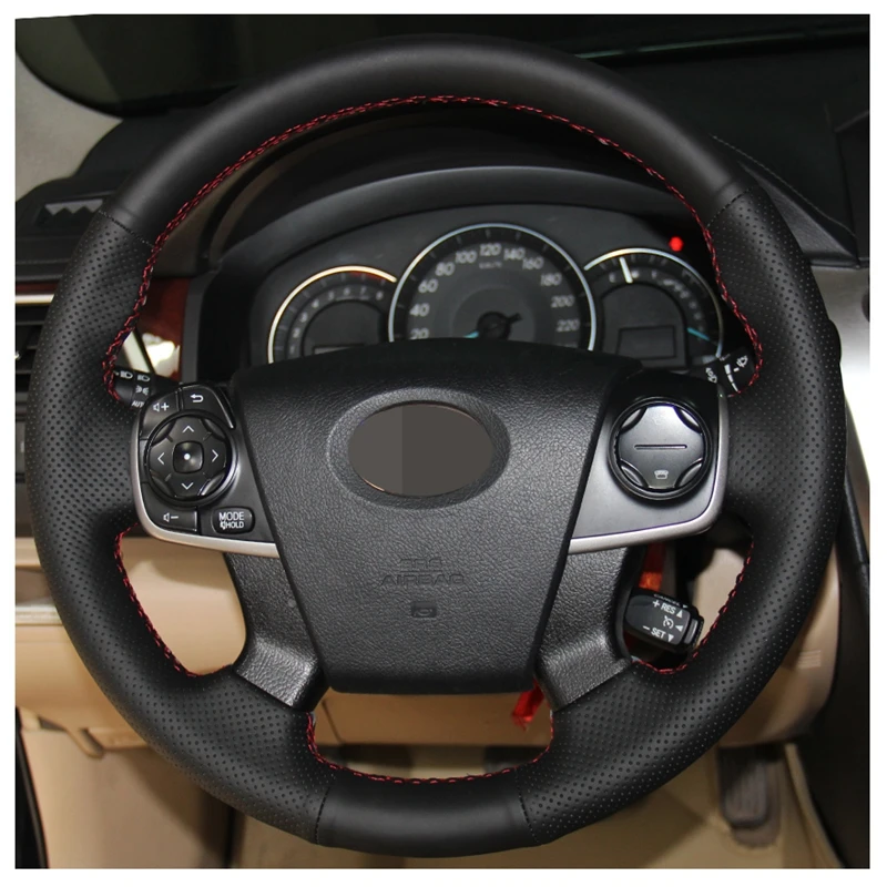 Чехол на руль из искусственной кожи Ручное шитье черный цвет для Toyota Camry 2012