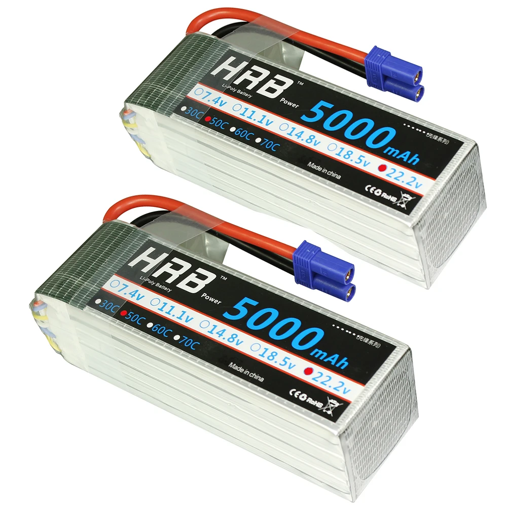 2packs HRB 6S Lipo Battery 22.2V 5000mAh 50C EC5 Connector For Trex 700 800E tarot 650 Quadcopter Helicopter Multicopter Drone