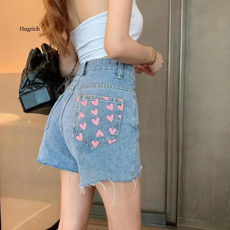 2021 Summer Wide Leg Women's Love Print High Waist Thin Irregular Rough Edge Denim Shorts Fashion