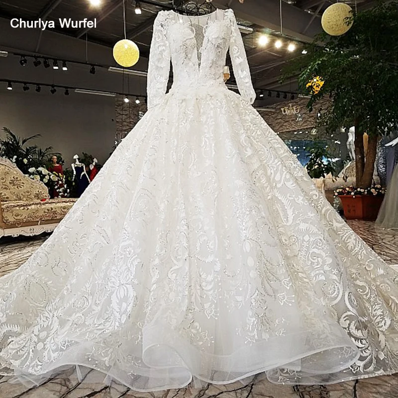 

LS56411 lace Wedding Dresses o-neck lace up open back three quarters sleeve ball gown Wedding Gown vestidos de matrimonio 2019