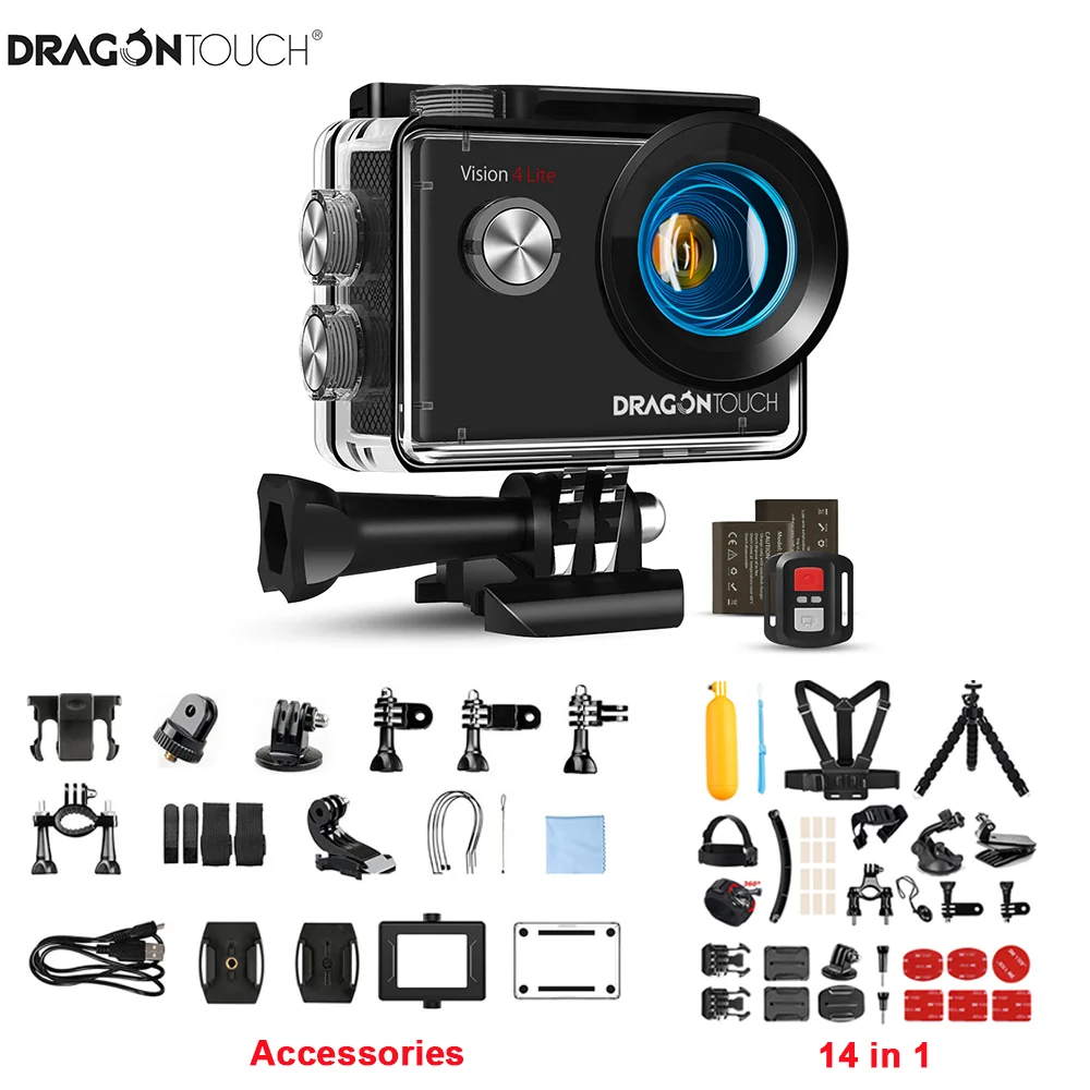 Экшн камера Dragon Touch 4K HD Vision4 Lite 20 МП EIS Подводная Водонепроницаемая экшн с Wi Fi и