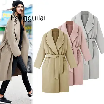 

2019 FENGGUILAI New Fashion Warm Winter Clothes Womens Lapel Wool Coat Yellow Trench Jacket Loose Lace Overcoat Outwear