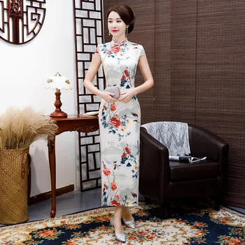 

Mandarin Collar Qipao Female Prom Party Dress Big Size 3XL 4XL Chinese Vintage Short Sleeve Cheongsam Print Flower Vestidos