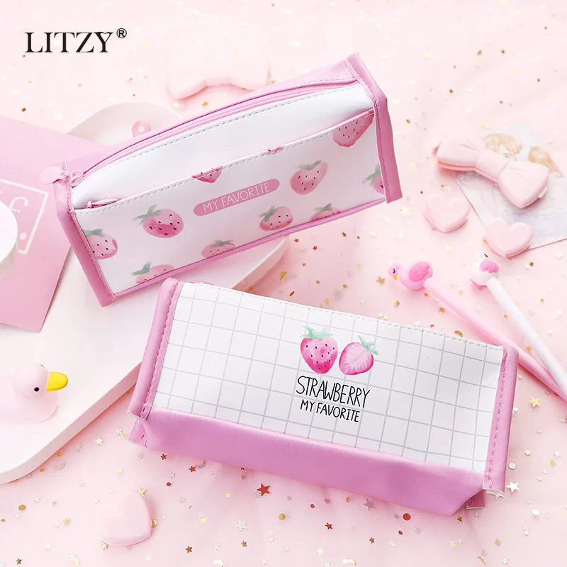 Kawaii PU большой чехол для карандашей клубника студенческий подарок школьная