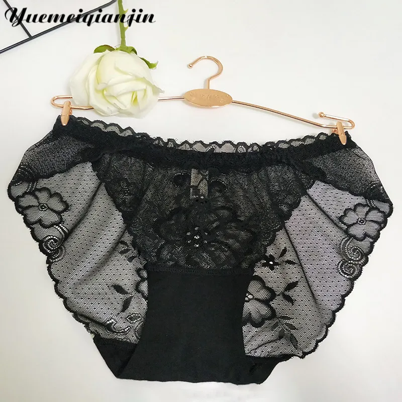 Женские сексуальные трусики, Изысканные трусики с цветочным узором, кружевные прозрачные хлопковые удобные трусики со средней посадкой, Дамское кружевное нижнее белье - Цвет: Black