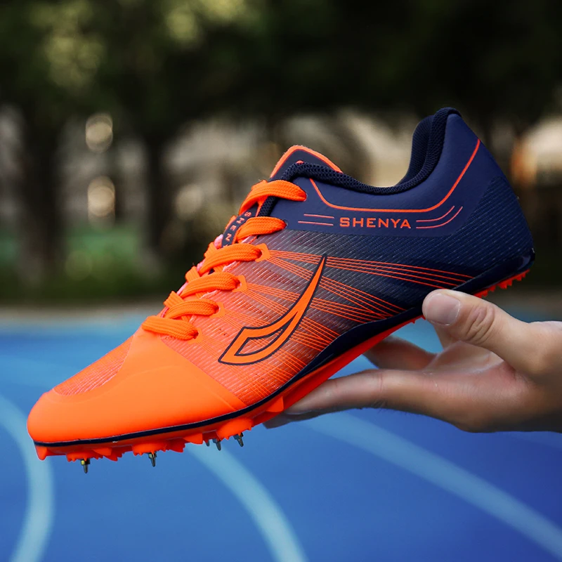 Новая мужская и женская спортивная обувь для бега с шипами оранжевого и зеленого цветов; Мужская обувь для экзамена; спортивная обувь с шипами