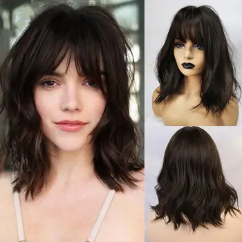 

Brown Medium Long Straight Hair Long Bangs Short Natural Lady's Wig Fiber Hair Set Texture Net Rose Chemical Wave P3J6