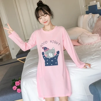 

2020 Autumn 100% Cotton Nightgown For Women Long Sleeve Night Dress Sweet 90s Girls Cute Cartoon Nightdress Female Home Clothing