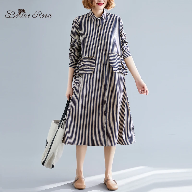 

BelineRosa Spring Autumn Loose Long Striped Blouse Ruffle Long Sleeve Plus Size Womens Tops and Bouses XXJ00026