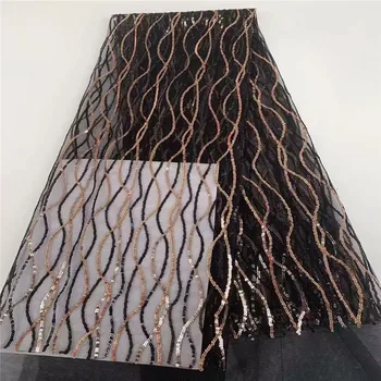 

African Black sequins Lace Fabric Embroidered Nigerian Laces Fabric 2020 High Quality Gold French Tulle Lace Fabric For Women