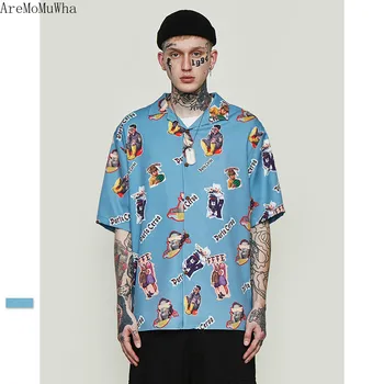 

AreMoMuWha 2019 Spring and Summer New Tide Brand Retro Spoof Characters Full Version Digital Printing Loose Men's Shirt QX1186