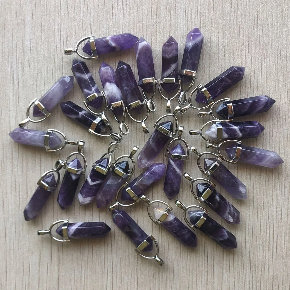 24pcs/lot Wholesale Fashion Natural stripe amethysts Charms Hexagonal healing Reiki Point  pendants for jewelry making free