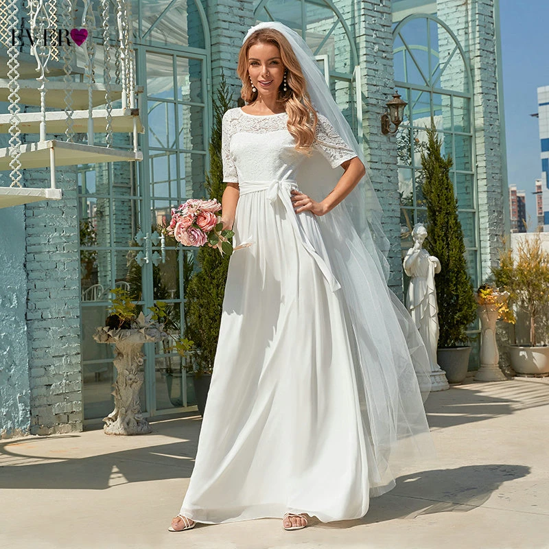 

Simple Wedding Dress Beach Boho Ever Pretty Plus Size A Line Scoop Neck Short Sleeve Lace Elegant Wedding Gowns For Bride 2020