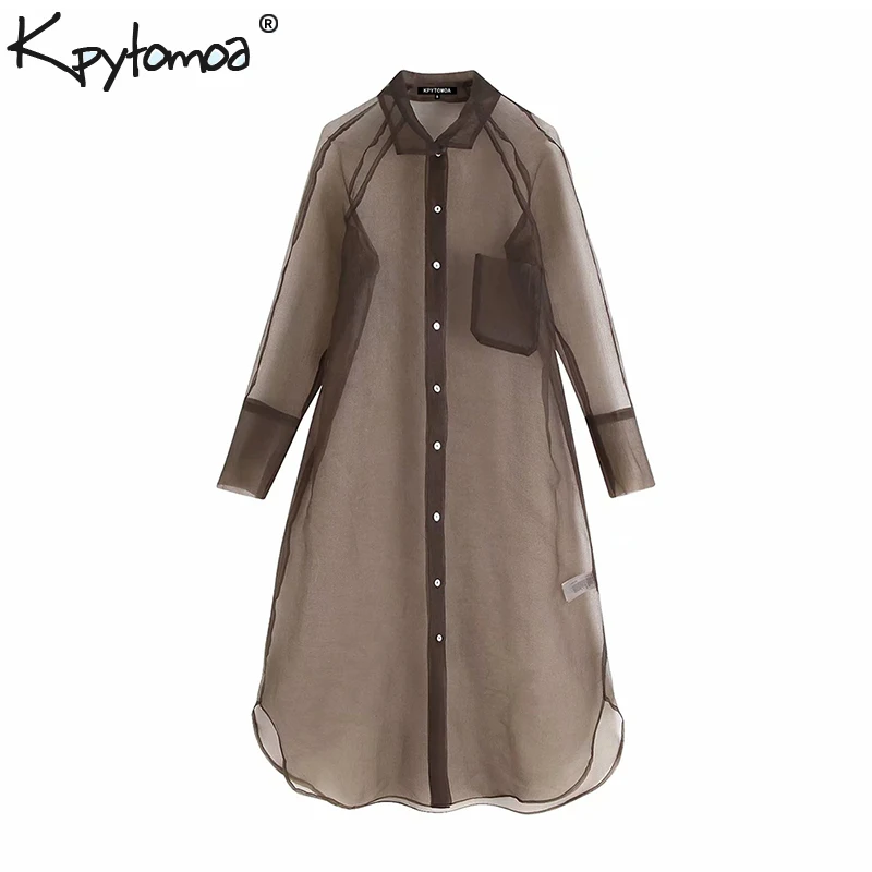 

Vintage Sexy Transparent Long Style Organza Irregular Shirts Women 2019 Fashion Lapel Collar Pockets Side Vents Blouse Chic Tops