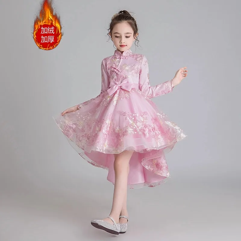 Новогоднее платье принцессы со шлейфом; костюм платье-пачка Снежной Королевы; Сетчатое платье; китайское платье; одежда принцессы для девочек - Цвет: Бежевый