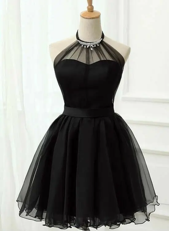 

Vintage Short Halter Tulle Black Homecoming Dresses A-Line Knee Length Corset Back Graduation Dresses with Bowknot for Women