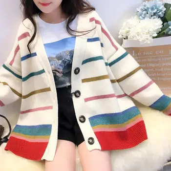 

Autumn Sweater Knitted Casual Cardigan Coat Female Print Striped Cardigans Ladies Loose Sweater Cardigan