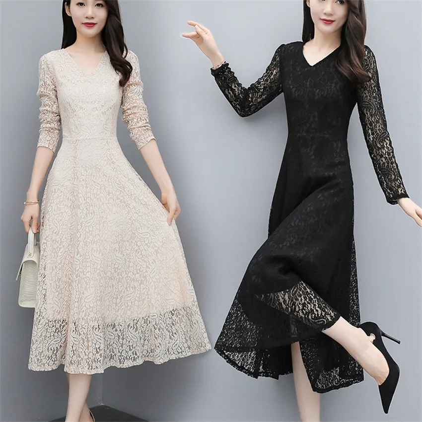 

New Autumn Dress Women Long Sleeve Lace Dress Big Size Dress Elegant Lady Long V-neck Party Dresses Vestidos Bottomings WZ1598