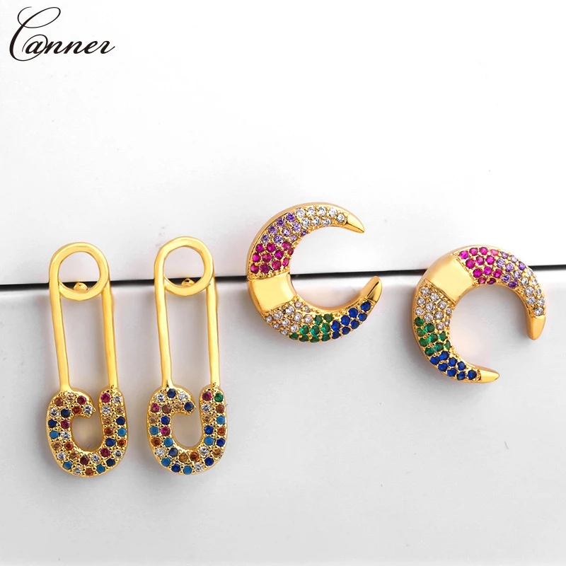 

Rainbow Zircon Moon Star Stud Earrings for Women Gold Paperclip Earrings 2019 Colorful CZ Crystal Earings Fashion Jewelry Q40