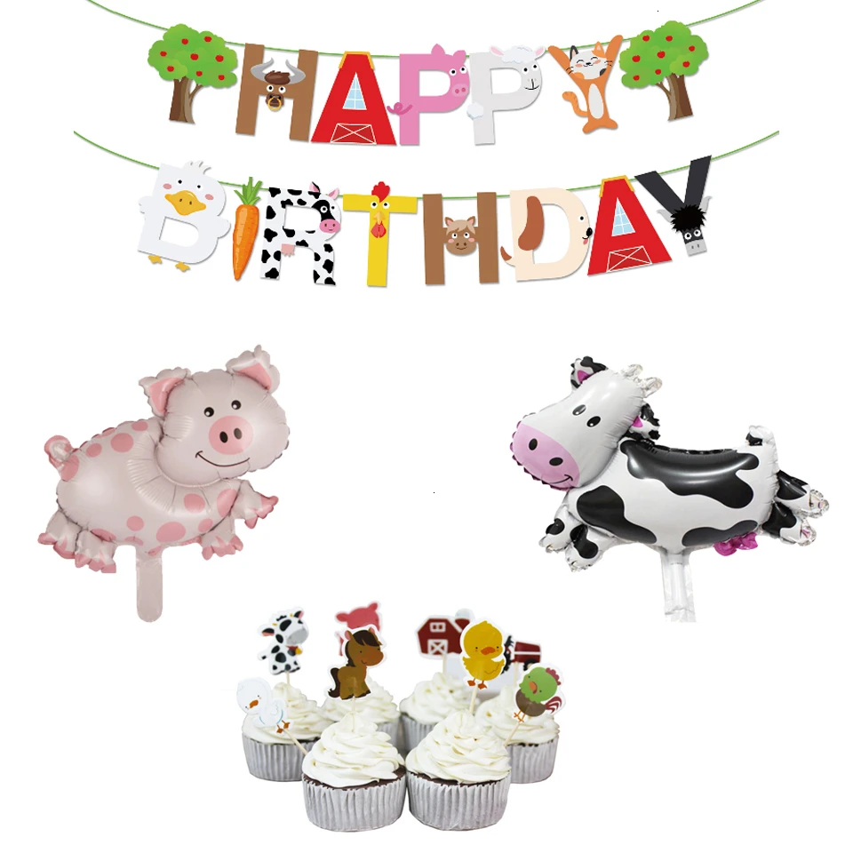 Décoration de gâteau d'anniversaire de la ferme « Happy Birthday » - Vache  grange, cochon rose, animaux du zoo, maison de grange, fête pour fête  prénatale, événements, fournitures de décoration de gâteau 