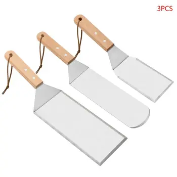 

3pcs/set Stainless Steel Steak Fried Shovel Flat Spatula Pizza Peel Spade with Wooden Handle Baking Tool M17D
