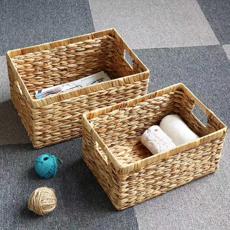 Storage Baskets Containers Natural water hyacinth Rectangular Storage Bins Organizer Box Metal frame woven straw baskets panier