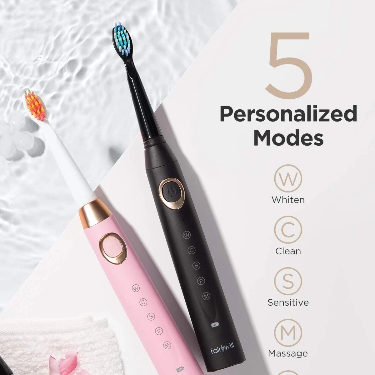 Electric Toothbrush Fairywill Sonic Electric Toothbrushes for Adults Kids 5 Modes Smart Timer Rechargeable Whitening Toothbrush with 10 Brush Heads