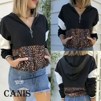 

2019 Brand New Style Fashion Women Leopard Hoodie Ladies Hooded Long Sleeve Zip Zipper Sweatshirts Hot Sale Coat