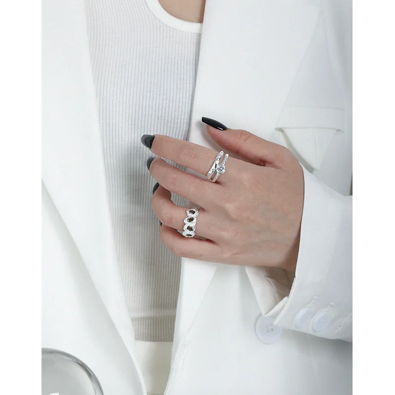SHANICE S925 sterling silver open ring Irregular surface micro-paved zircon Women Jewelry silver rings,silver ring