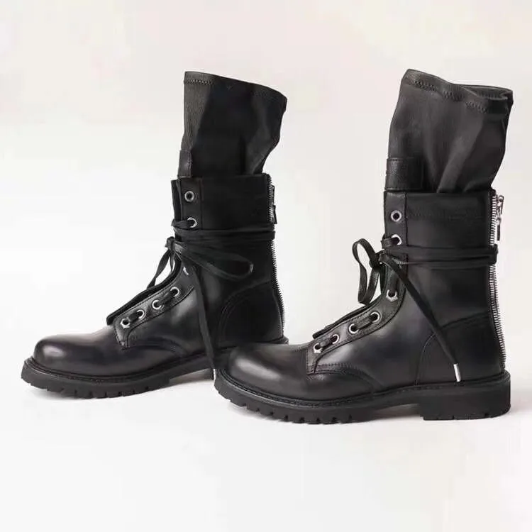 Botas Mujer; осенние носки Армейские сапоги Для женщин кожаный бурдюк Feminina дамские туфли на плоской подошве до середины икры; женские сапоги; Botines Mujer с волнообразным краем; Zapatos De Mujer