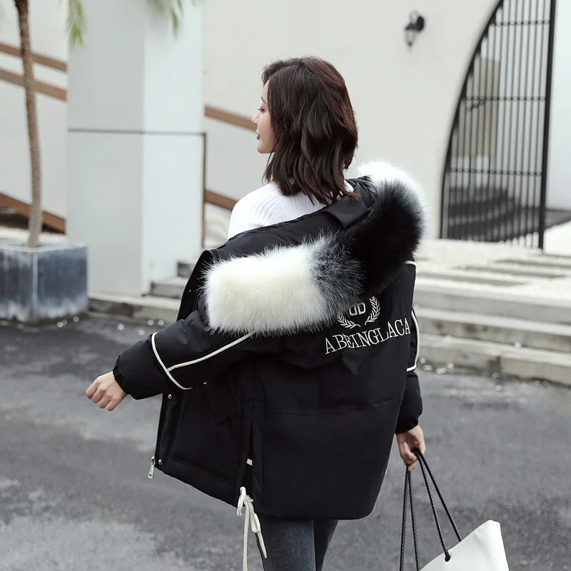 

Photo Shoot South Korea Dongdaemun 2019 New Style down Jacket-Style Machine Embroidery Contrast Color Ultra Large Fur Collar Thi