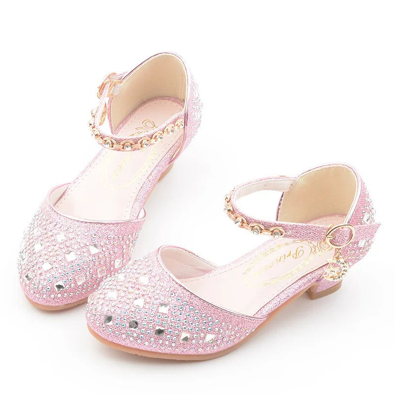 pink Сандалии на каблуке со стразами для маленьких девочек; коллекция года; детская обувь больших размеров; Летние кожаные сандалии; 3, 4, 5, 6, 7, 8 От 9 до 13 лет - Цвет: pink