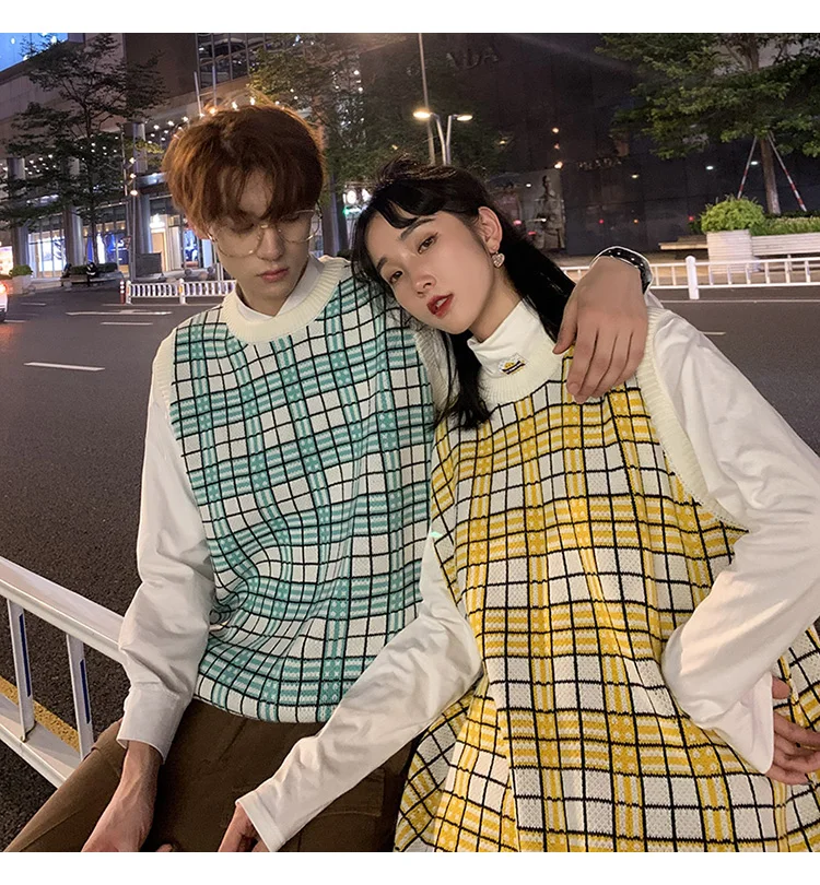 Men Sweater Vest Plaid Couples Ins Chic Knitter Sweaters Male Korean Style Loose Sleeveless Streetwear Ulzzang Fashion Panelled mens green sweater