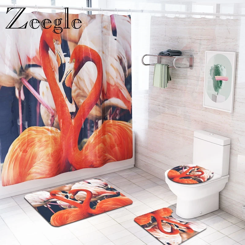 Zeegle Anti Slip 4Pcs Bath Mat Set Waterproof Shower Curtain Toilet Shower Curtain Bathroom Soft Rug Polyester Bathroom Curtain
