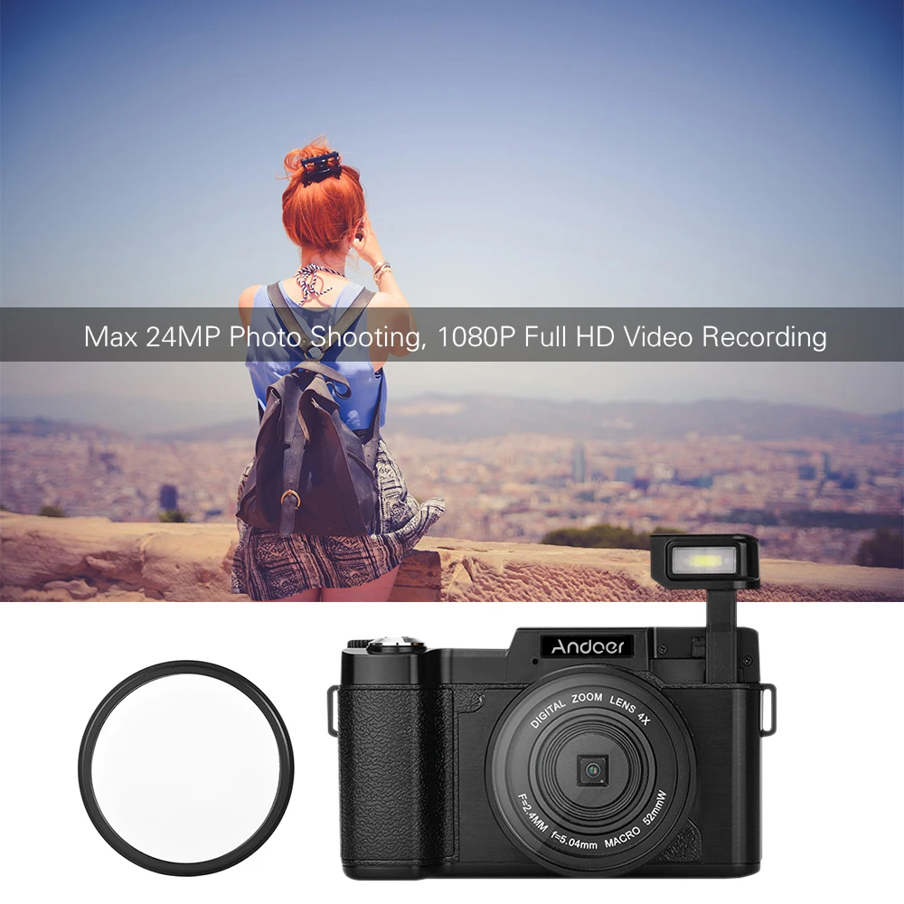 Andoer R1 1080P Цифровая камера 15fps Full HD 24MP 4X цифровая зум видеокамера выдвижной фонарик с УФ-фильтром 4k видеокамера