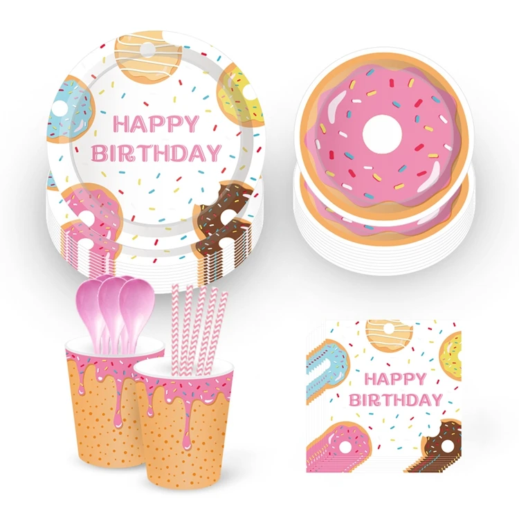 Taoup Creamy Donut Disposable Tableware Baby Shower Decor Birthday Party Supplies Donut Party Tableware Cups Banners Plate Towel