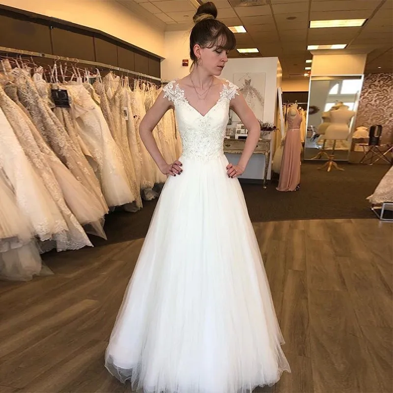 

2020 New Wedding Dresses V-Neck Cap Sleeve Sweep Train Back With Appliqued A-Line Bridal Gowns vestidos de novia robe de mariee