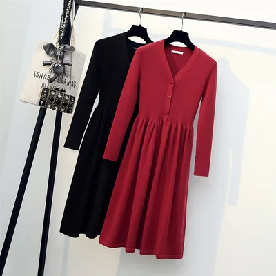 

Plus Size XXXL Knit Sexy V-Neck Single Breasted High Waist Ruched Dress Women Fashion Autumn Winter Office Work Knitted Dress