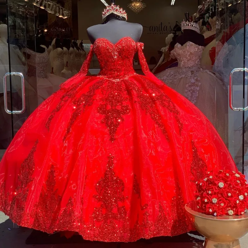 Vestidos De quinceañera rojos con mangas desmontables, apliques De lentejuelas, vestido 16, 15 años, vestido fiesta De Organza