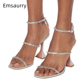 

Jeweled Narrow Band Gladiator Sandals Women Silver Sequins High Goblet Heel Square Open Toes Rhinestone Runway Shoes Woman