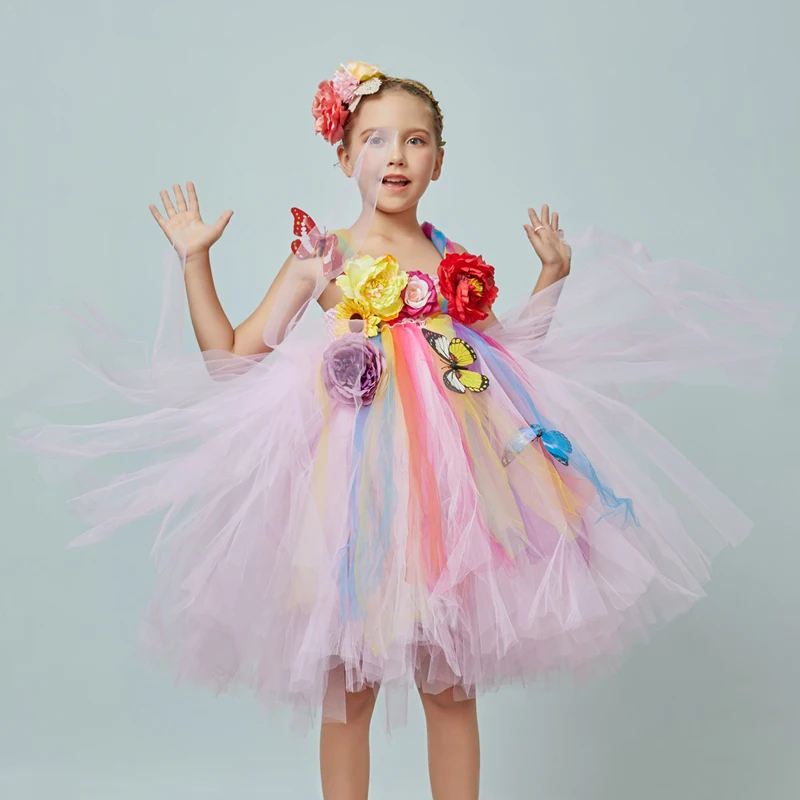 Flower Girl Fancy Princess Tutu Dress Fairy Wedding Bridesmaid Tulle Dress Kids Birthday Party Pageant Formal Graduation Costume (10)