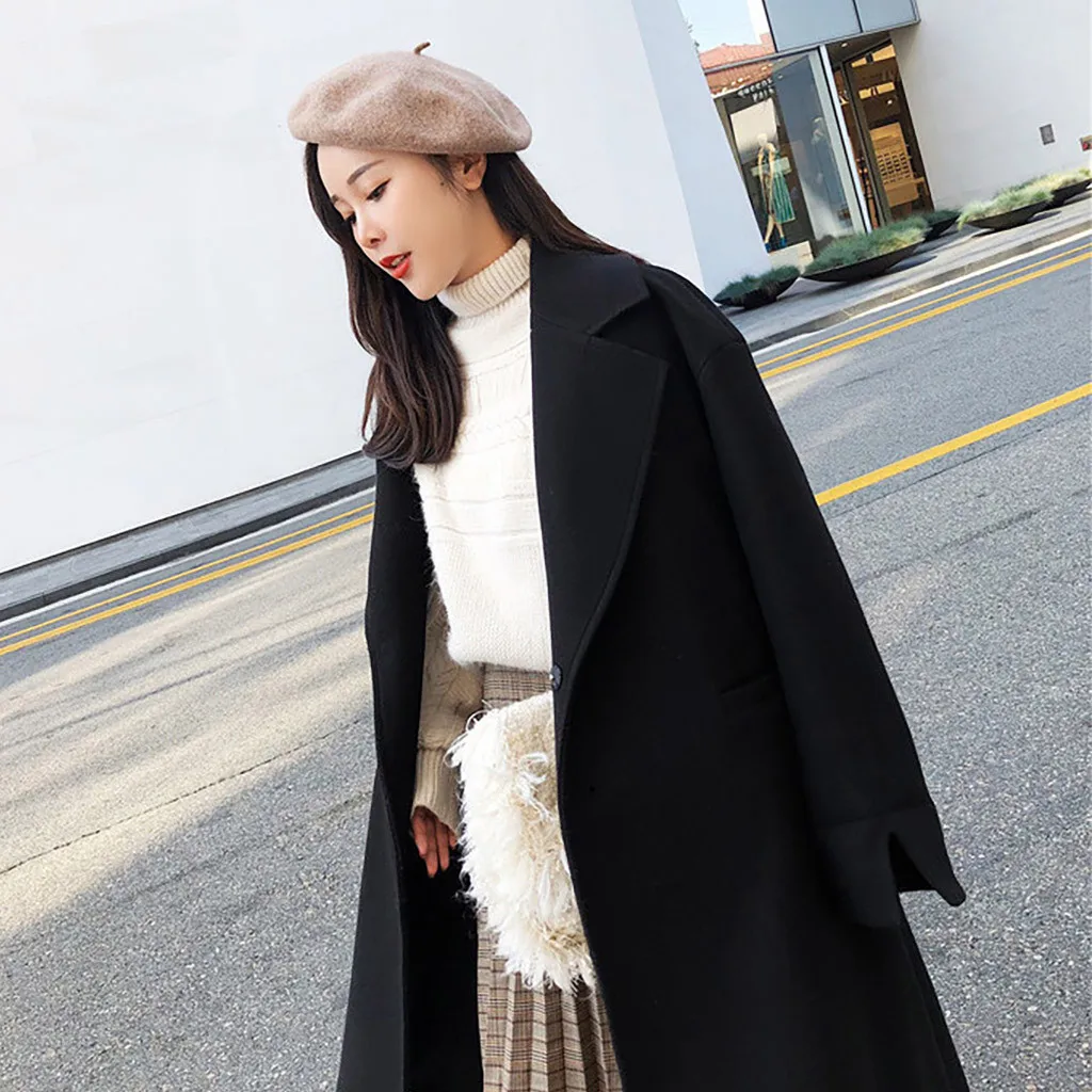 Женское зимнее шерстяное пальто с лацканами, пальто с длинным рукавом, верхняя одежда, модная новинка, однотонная теплая верхняя одежда с поясом, женское длинное пальто черного цвета