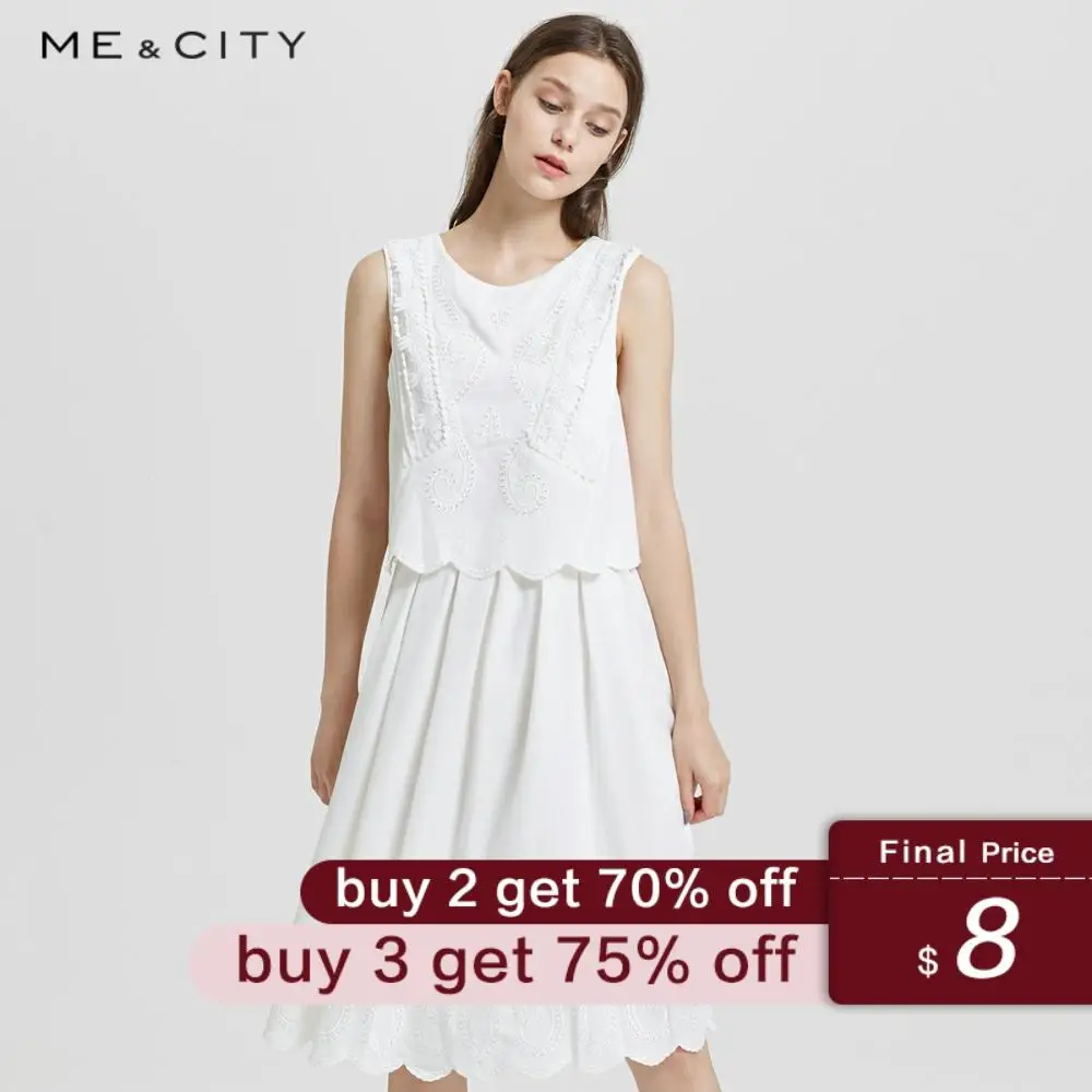 

Me&City New Spring Summer Elegant lace dress vacation two embroidered lace sleeveless solid color dress
