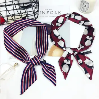 

New Fashion Women Spring Summer Striped Penguin Long Narrow Bag Strip Small Towels Satin Scarves Tie Ladies Pattern Silk Scarf