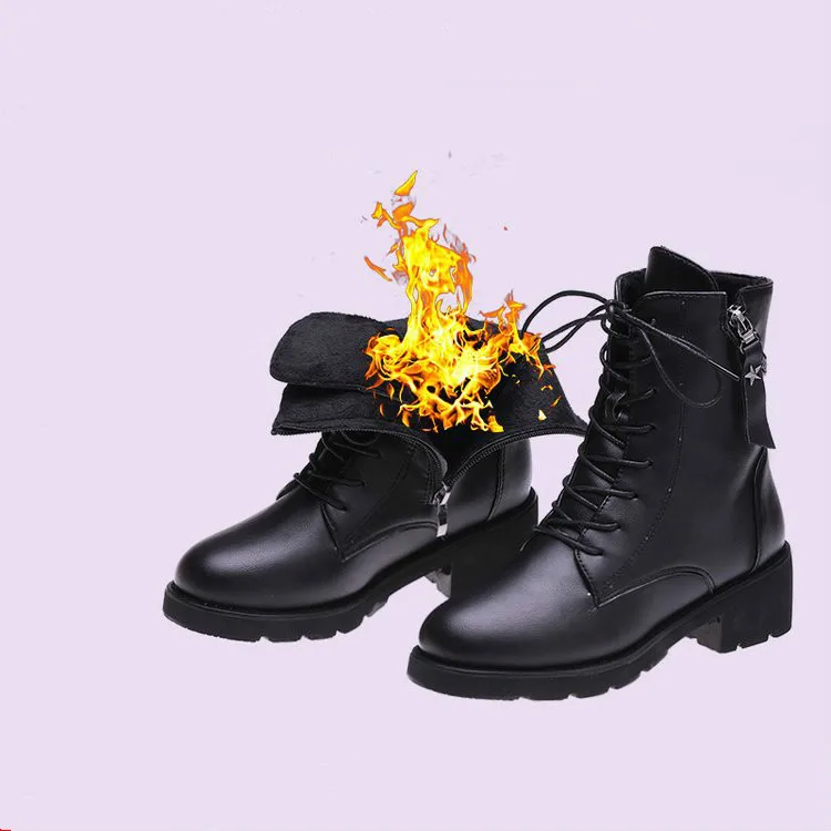 Женские зимние ботинки Fujin черные кожаные на платформе с теплым мехом и шнуровкой