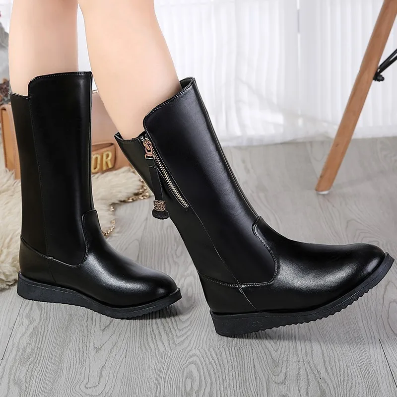 

2019 New Style Winter Style Winter Middle Boots Women's Versatile Chunky-Heel Martin Leather Boots Semi-high Heeled Slanted Heel